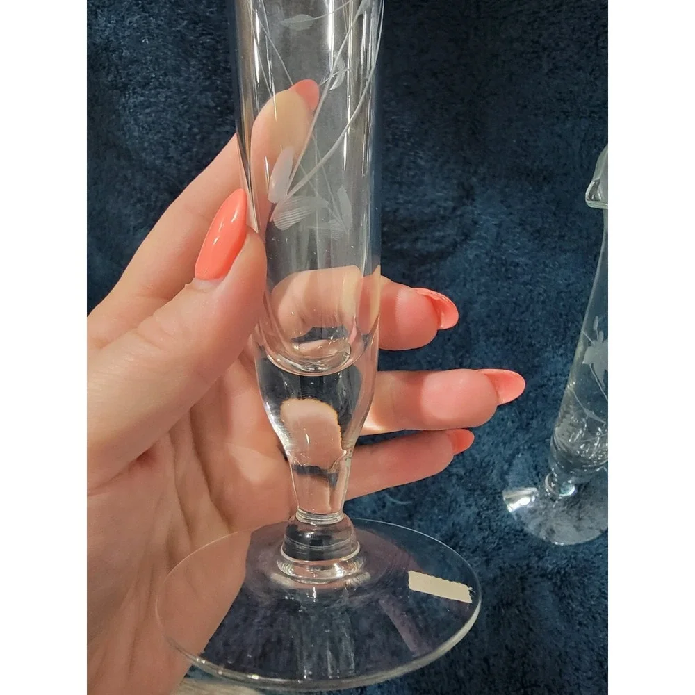 Vintage Etched Glass Bud Vases Pair Ruffled Rim Floral Trumpet Pedestal 10 Inch